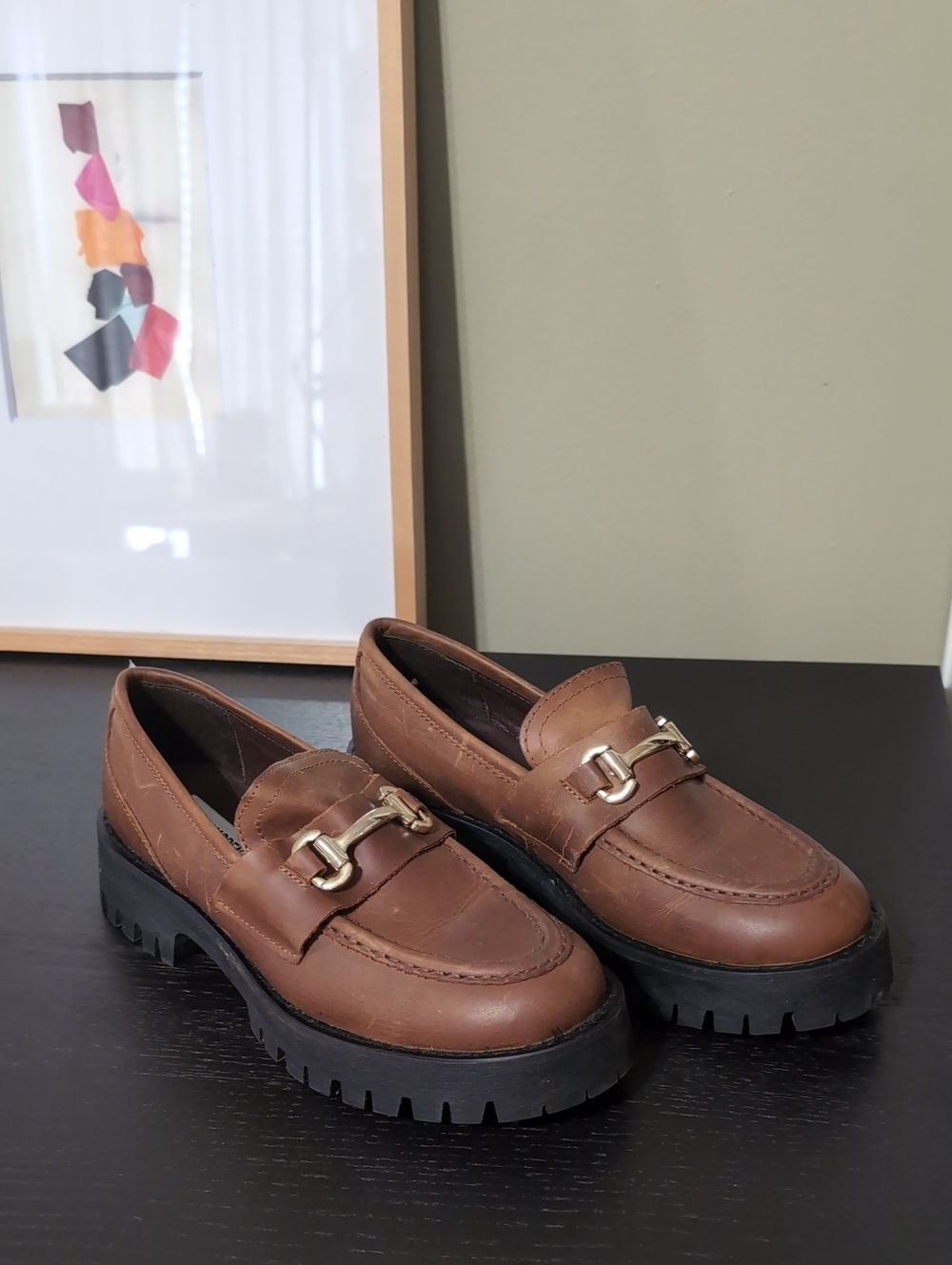 Brown Leather Lug-Sole Women's Loafers with Gold Hardware